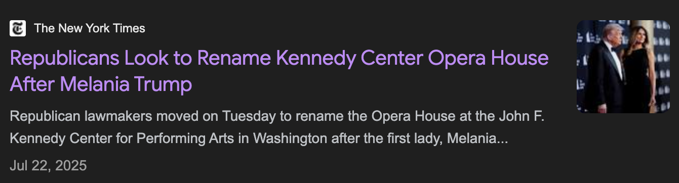 New York Times: Republicans look to rename Kennedy Center Opera House after Melania Trump New York Times: Republicans look to rename Kennedy Center Opera House after Melania Trump